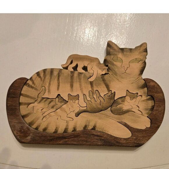 Wooden Cat Puzzle Handcrafted Measures 5"x 7 1/2" 6 Cats in All - Picture 1 of 2